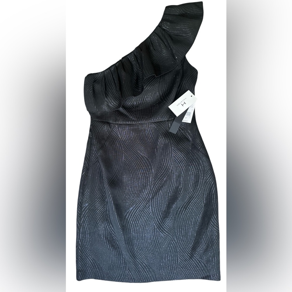 New With Tags Halston One Shoulder Dress in Metallic Black—Size 6